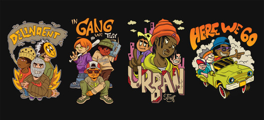 Urban culture t shirt design vector set, Youth style graphic t-shirt, Graffiti graphic Streetwear t-shirt designs bundle