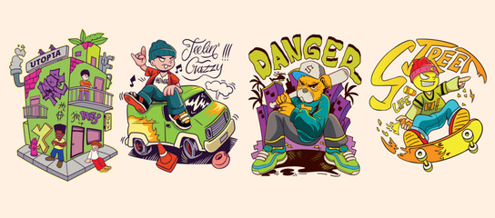 Urban culture t shirt design vector set, Youth style graphic t-shirt, Graffiti graphic Streetwear t-shirt designs bundle