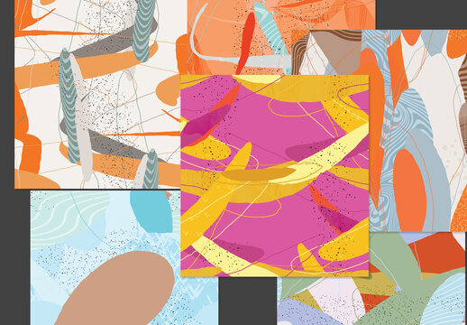 Seamless Pattern Set with Organic Grunge Textured Overlapping Oval Wavy Shapes and Lines