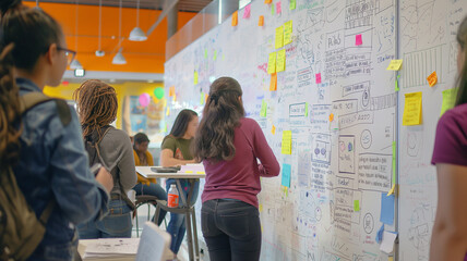 Team brainstorming session during project initiation, analyzing various ideas on sticky notes displayed on dashboards
