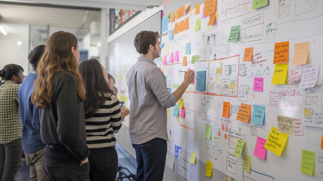 Project initiation meeting with a diverse team, reviewing and discussing ideas on sticky notes posted on dashboards
