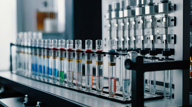 A close up view of medicine bottle in auto sampler with white background.