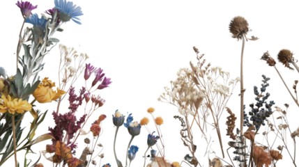 Dried wild flowers on white background