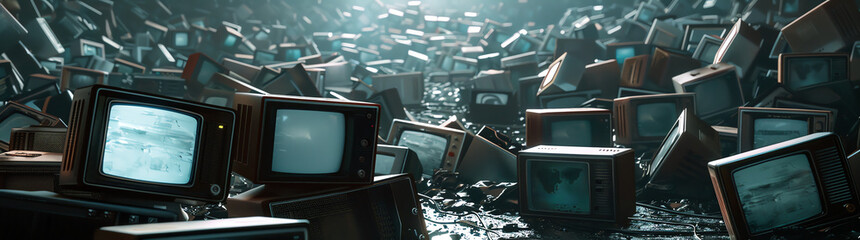 A sea of thousands of old computer monitors, photorealistic and cinematic in style.