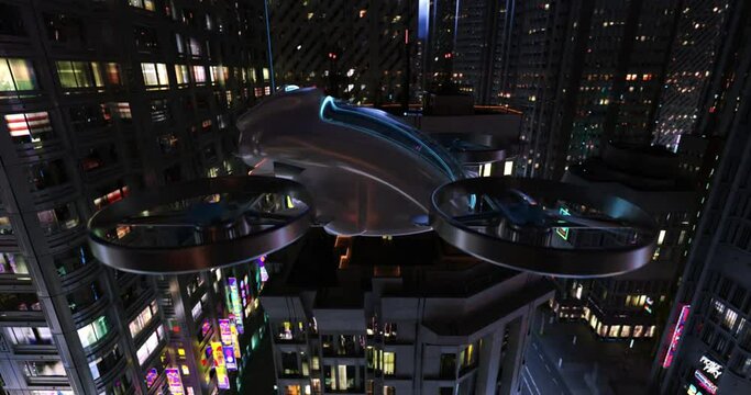 Urban Mobility Contrasts: EVTOL Flying Over Bustling City Center While Electric Cars Jammed on Roads Below