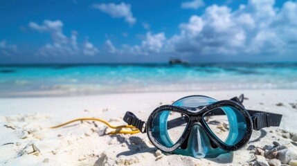 Diving goggles and snorkel gear on white sand near beach