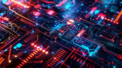 Fototapeta premium Close-up of a vibrant and colorful circuit board with intricate electronic pathways and glowing lights, representing advanced technology and futuristic engineering.