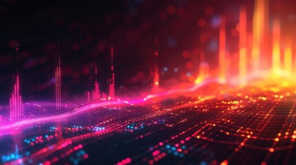 Naklejka premium Abstract representation of stock market fluctuations using vibrant lines and arrows, set against a digital matrix backdrop