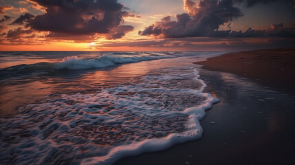 Beautiful ocean waves crashing on sandy beach at sunset