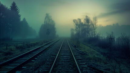 Obraz premium Empty railroad tracks disappearing into a foggy forest at dusk