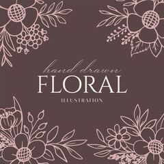 Wedding Bouquet Flower Frame drawn mono-line floral botanical flower background design