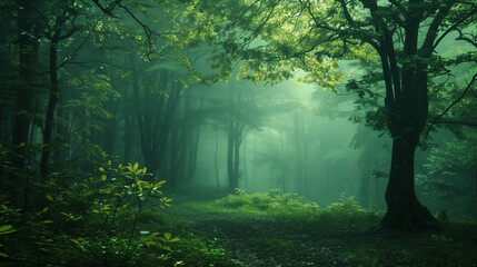 Obraz premium Sun shining through fog in lush green forest with hiking trail