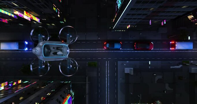 Urban Mobility Contrasts: EVTOL Flying Over Bustling City Center While Electric Cars Jammed on Roads Below