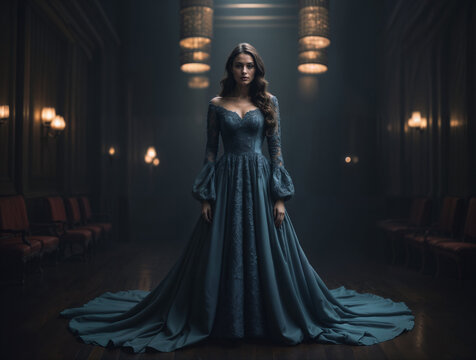 A beautiful woman in an off-shoulder teal gown stands amidst the warm candlelight of an opulent ballroom, timeless elegance and mystique. High-end fashion, fine jewelry, or romantic narratives.