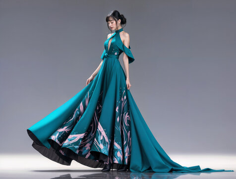 A graceful woman in a stunning teal gown with intricate flowing patterns, exuding elegance and fashion artistry. Haute couture, formal events, or artistic expression.