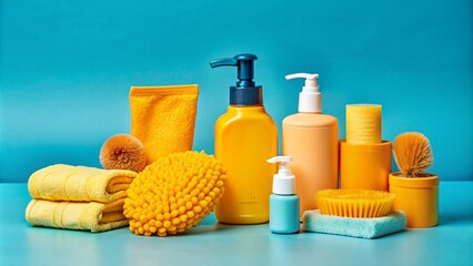 High-quality toiletries tool set in a bright and clean bathroom. Featuring essential items such as toothbrush, razor, comb, soap, shampoo, and towel, neatly arranged on a pristine white counter 