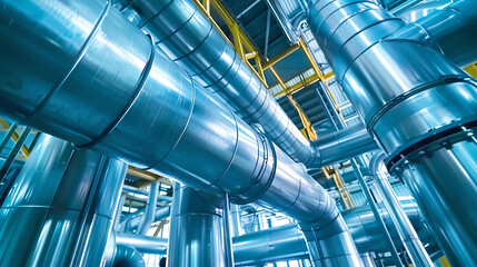 A complex network of industrial pipes, showcasing the intricate systems within a modern factory or plant.