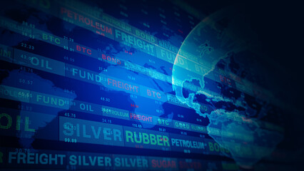 Global financial markets data visualization, Digital representation of global financial markets with various commodities, currencies, and indices displayed on a blue background. 3d rendering