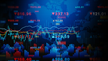 Business financial investment charts display various commodities, Global financial market charts display background, equities, and indices with fluctuating values and digital data. 3d rendering