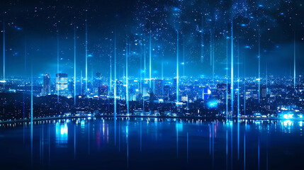 A futuristic cityscape with glowing blue beams of light illuminating the city and reflecting off the water. The image evokes a sense of technological advancement and progress.
