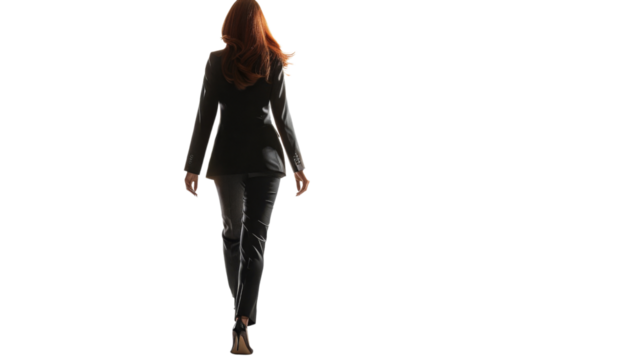 Business woman in business black suit walking away on white background