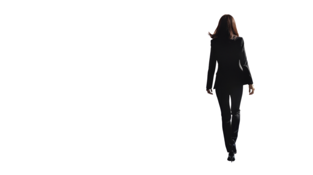 Business woman in business black suit walking away on white background