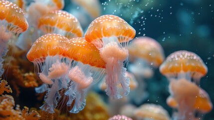 Naklejka premium A group of jellyfish are swimming in the ocean. The jellyfish are glowing in the dark water.