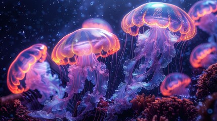 Obraz premium A group of jellyfish are swimming in the ocean. The jellyfish are glowing in the dark water.