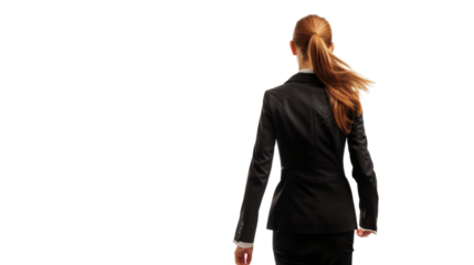 Business woman in business black suit walking away on white background