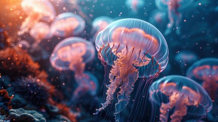 Naklejka premium A group of jellyfish are swimming in the ocean. The jellyfish are glowing in the dark water.