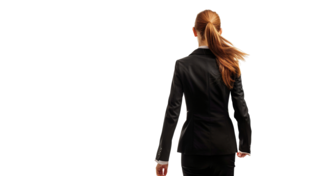 Business woman in business black suit walking away on white background