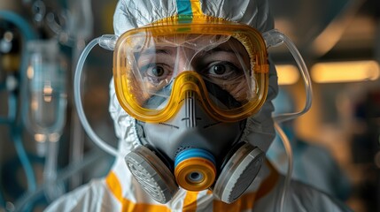 A healthcare worker wearing a full-face respirator, goggles, and a hazmat suit.