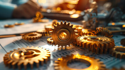 Close-up of gold gears on a table with a blurred background, symbolizing teamwork,  collaboration, and precision.