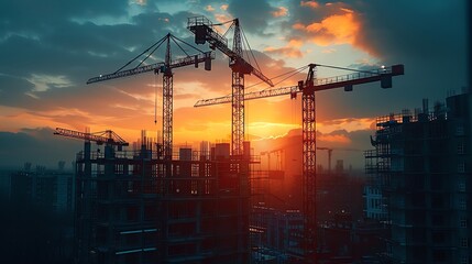 Silhouetted construction cranes against a vibrant sunset, symbolizing progress and development.