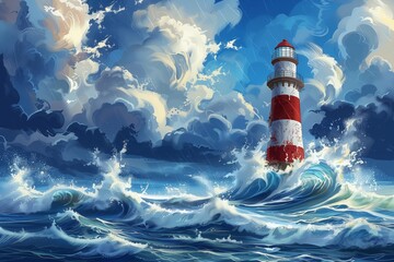 A lighthouse in the sea in the middle of a storm