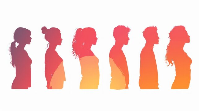 Illustrations of male and female silhouettes in various solid colors, emphasizing physical diversity and ethnic backgrounds.