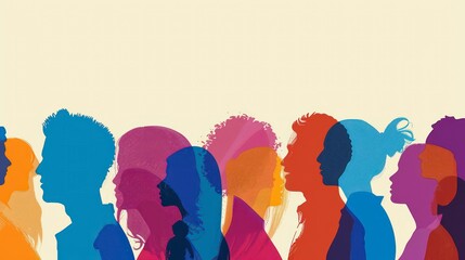 Half-body silhouettes in solid colors, random poses, representing diverse genders, ethnicities, and skin colors.