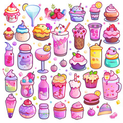 cartoon sweets, clip art style, cute stickers, sheet, vector, cakes, cookies, donuts, milkshake, pink, purple tattoos, ice cream, decorations, yummy, pink, purple, adorable