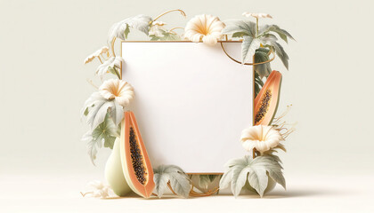 Elegant blank card framed with tropical leaves, flowers, and papaya. Minimalist design perfect for invitations, announcements, or botanical themes.