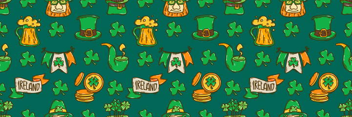 St Patricks Day seamless pattern background cute hand-drawn Irish holiday icons, symbols, and elements.