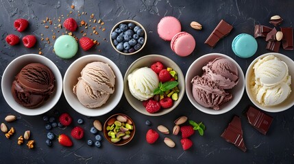 Assortment of Gourmet Ice Cream Flavors with Fresh Berries, Macaroons, and Chocolate on Dark Background