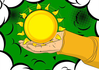 Cartoon, comic book human hands holding Summer Sun. Retro vector comics pop art design.