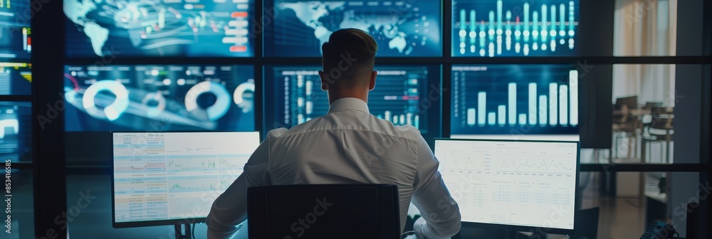 Poster a man in a white shirt sits in front of multiple computer screens displaying data and charts, analyz