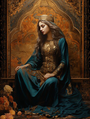Obraz premium A beautiful medieval queen in teal and gold robes sits on her throne, in the style of oil painting