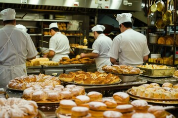 a bustling kitchen scene filled with bakers making pastries