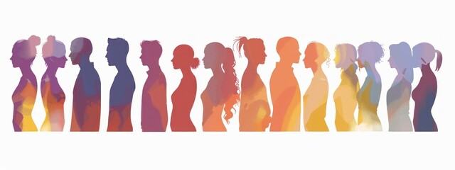 Fototapeta premium Half-body silhouettes with male and female genders in solid colors, highlighting diversity in physical traits and ethnic backgrounds.