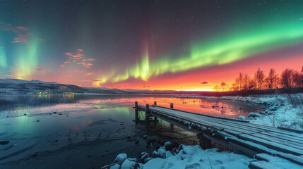 Vibrant aurora borealis illuminating a snowy landscape with a frozen lake and wooden pier at sunset - Powered by Adobe
