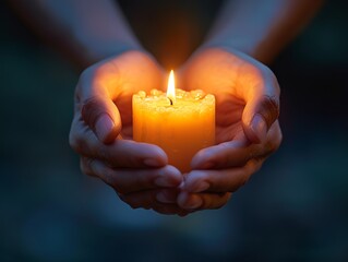 Hands holding a lit candle in remembrance