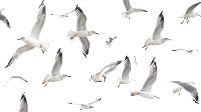Flock of seagull bird, seagull flying on white background