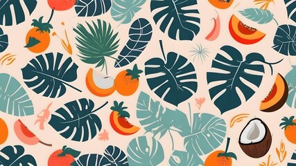 Abstract colorful simple geometric tropical shapes, boho shapes. Monstera leaves, flowers, coconut, papaya fruit. Modern simple abstract background seamless pattern. Wrapping paper, wallpaper, fabric